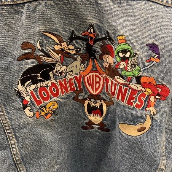 Vintage 1998 Looney Tunes Gang Warner Bros Studio Denim Jean Jacket Size Large - Picture 2 of 8